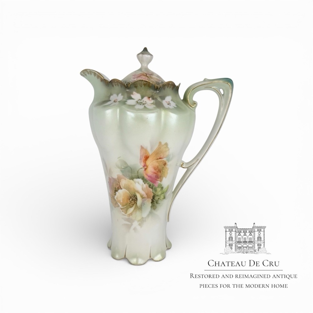 Antique RS Prussia Signed Satiny‎ Porcelain Tall Chocolate Pot Yellow Flowers